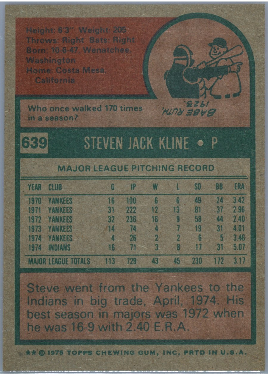1975 Topps #639 Steve Kline card back