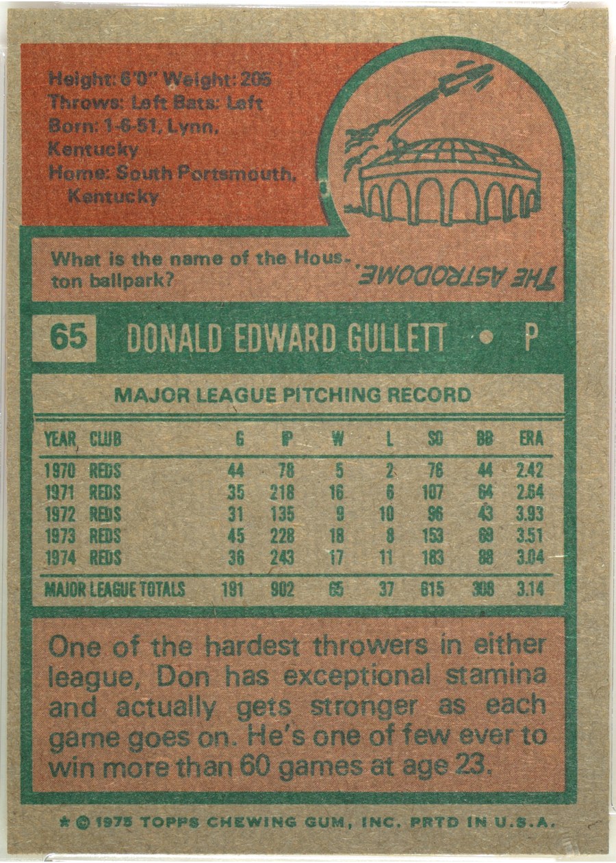 1975 Topps #65 Don Gullett card back