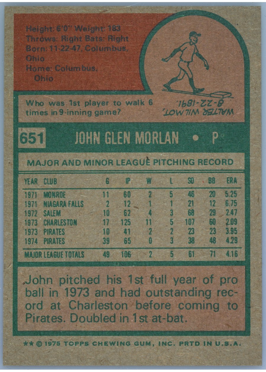 1975 Topps #651 John Morlan card back