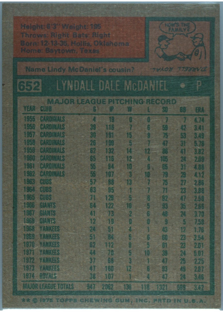 1975 Topps #652 Lindy McDaniel card back
