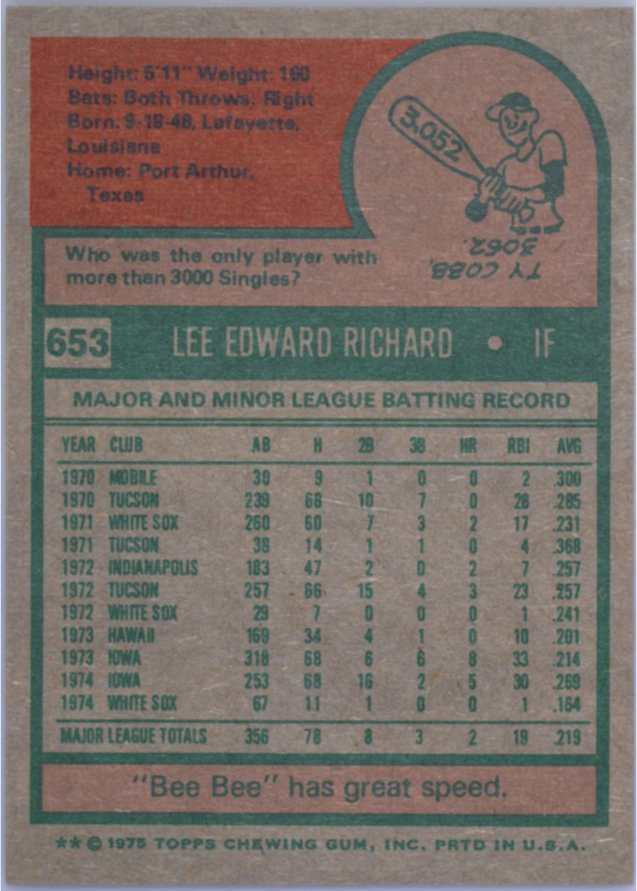 1975 Topps #653 Lee Richard card back