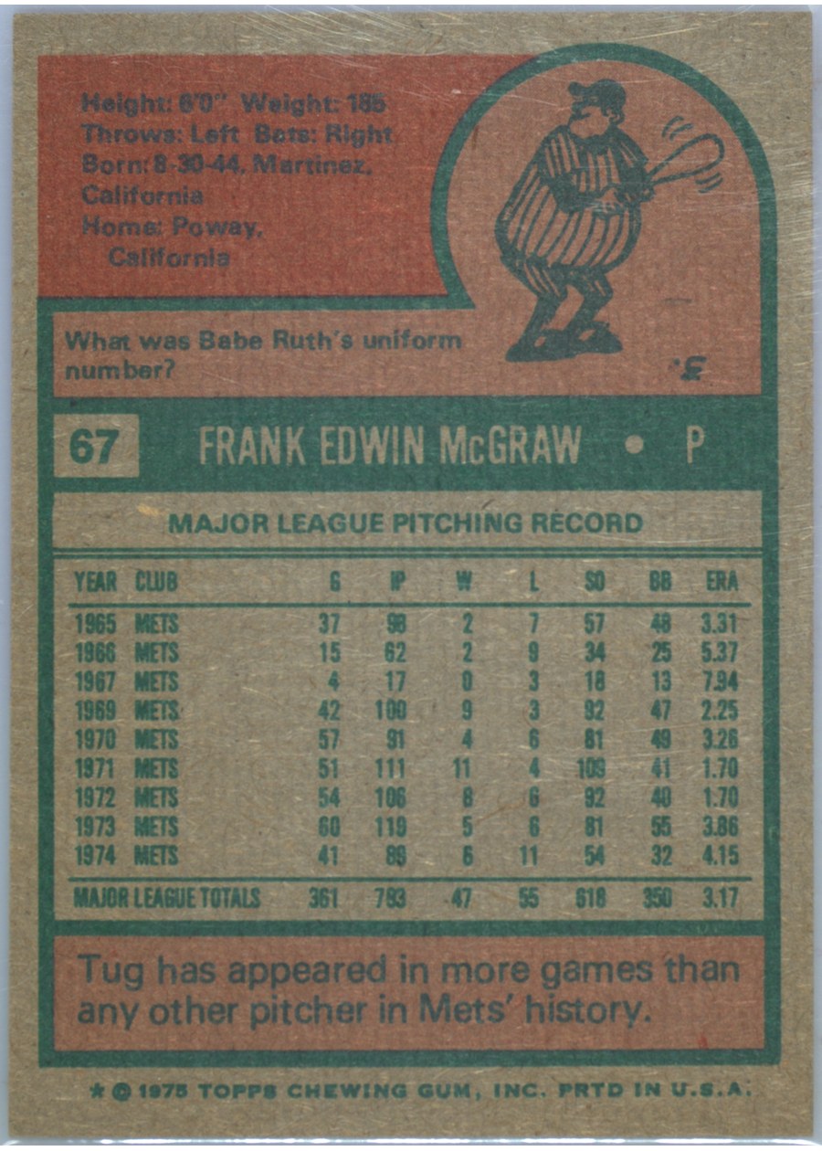 1975 Topps #67 Tug McGraw card back