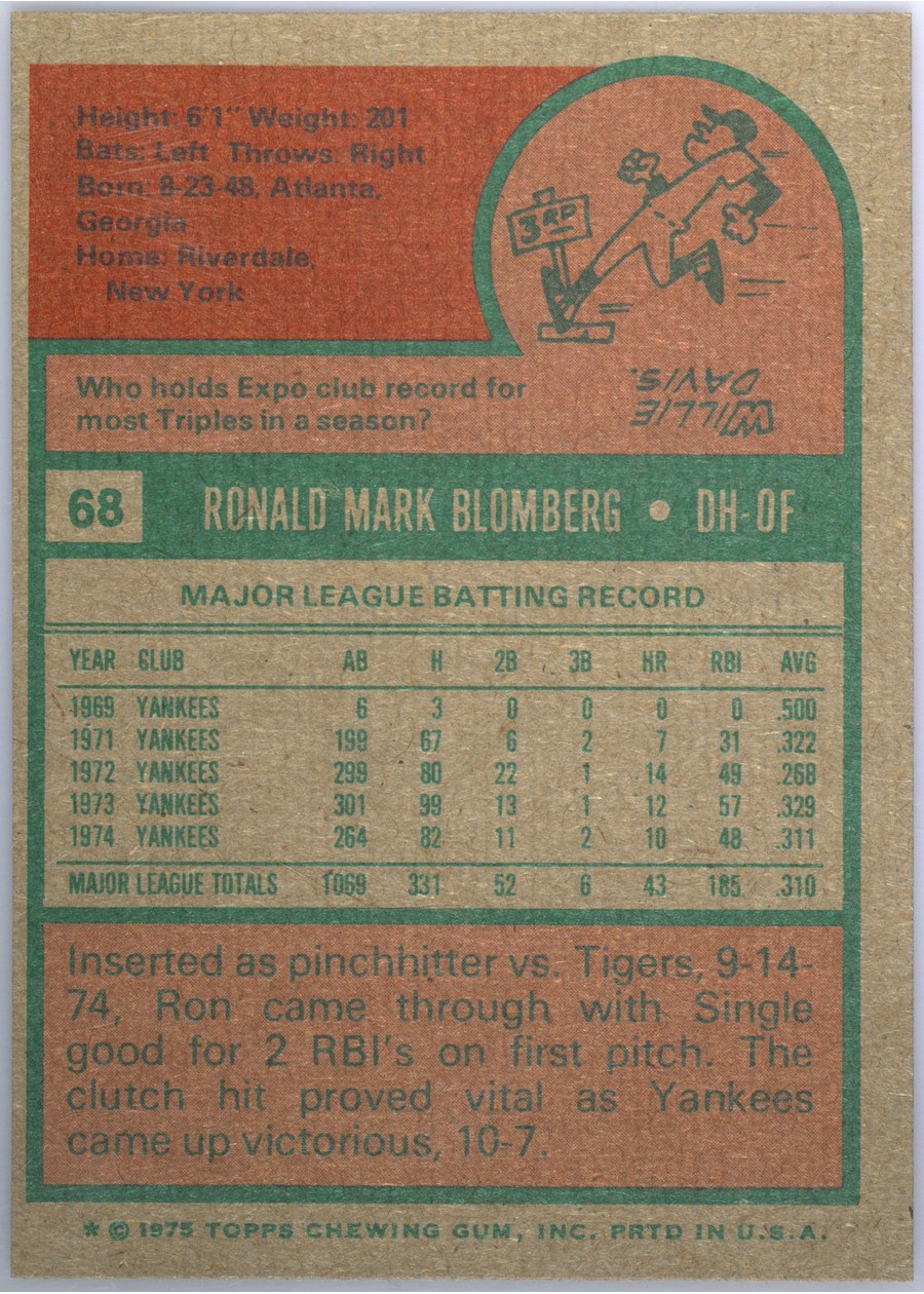 1975 Topps #68 Ron Blomberg card back