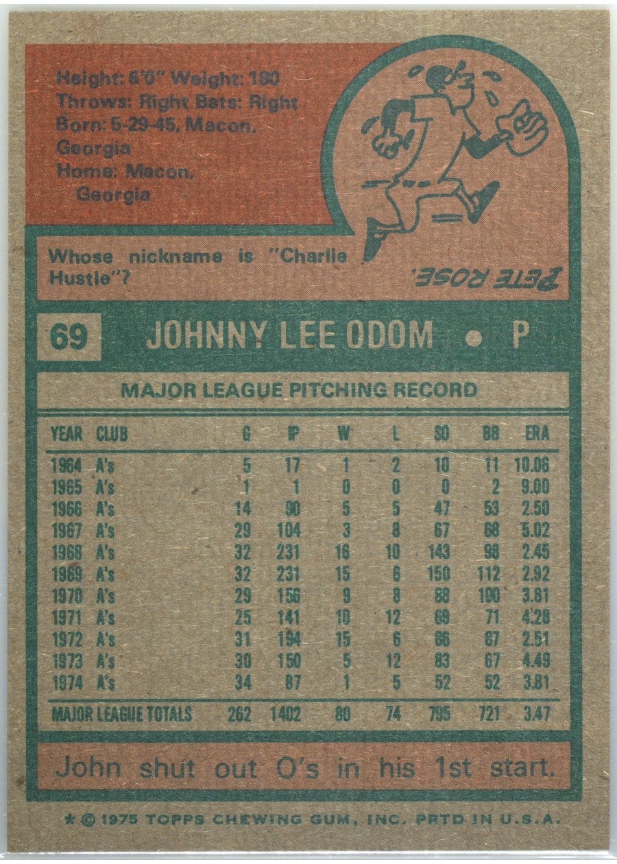 1975 Topps #69 John Odom card back
