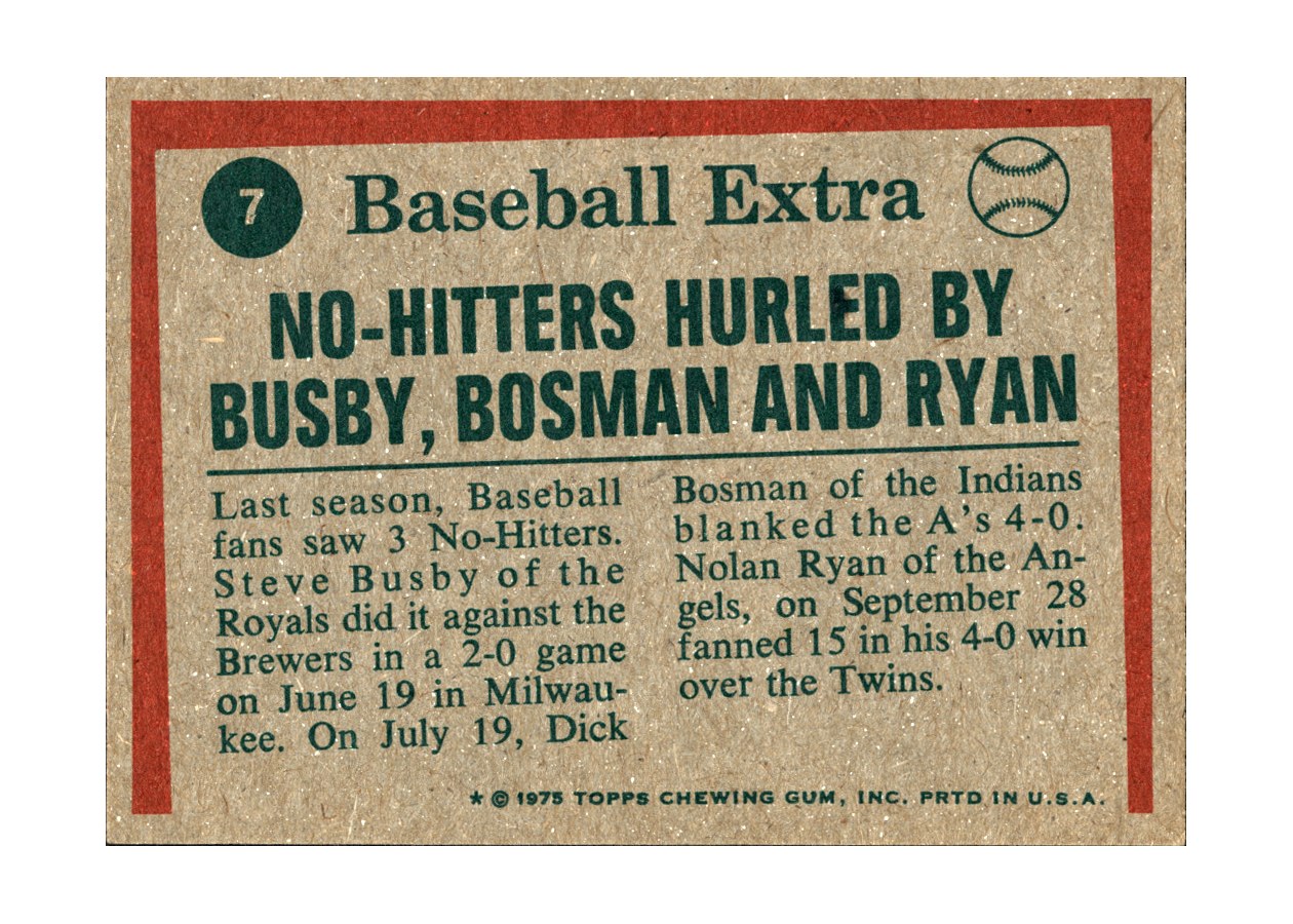1975 Topps #7 Steve Busby / Dick Bosman / Nolan Ryan card back