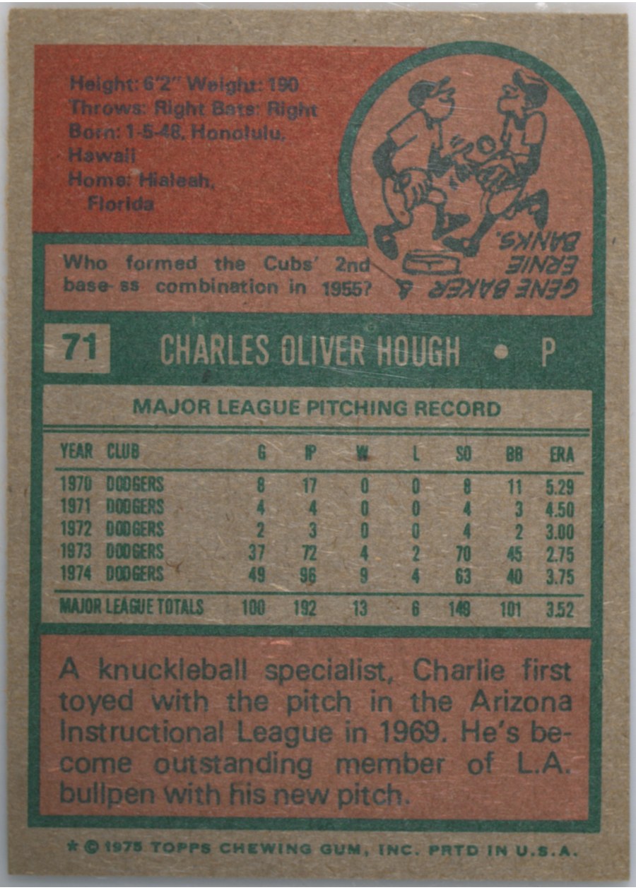 1975 Topps #71 Charlie Hough card back