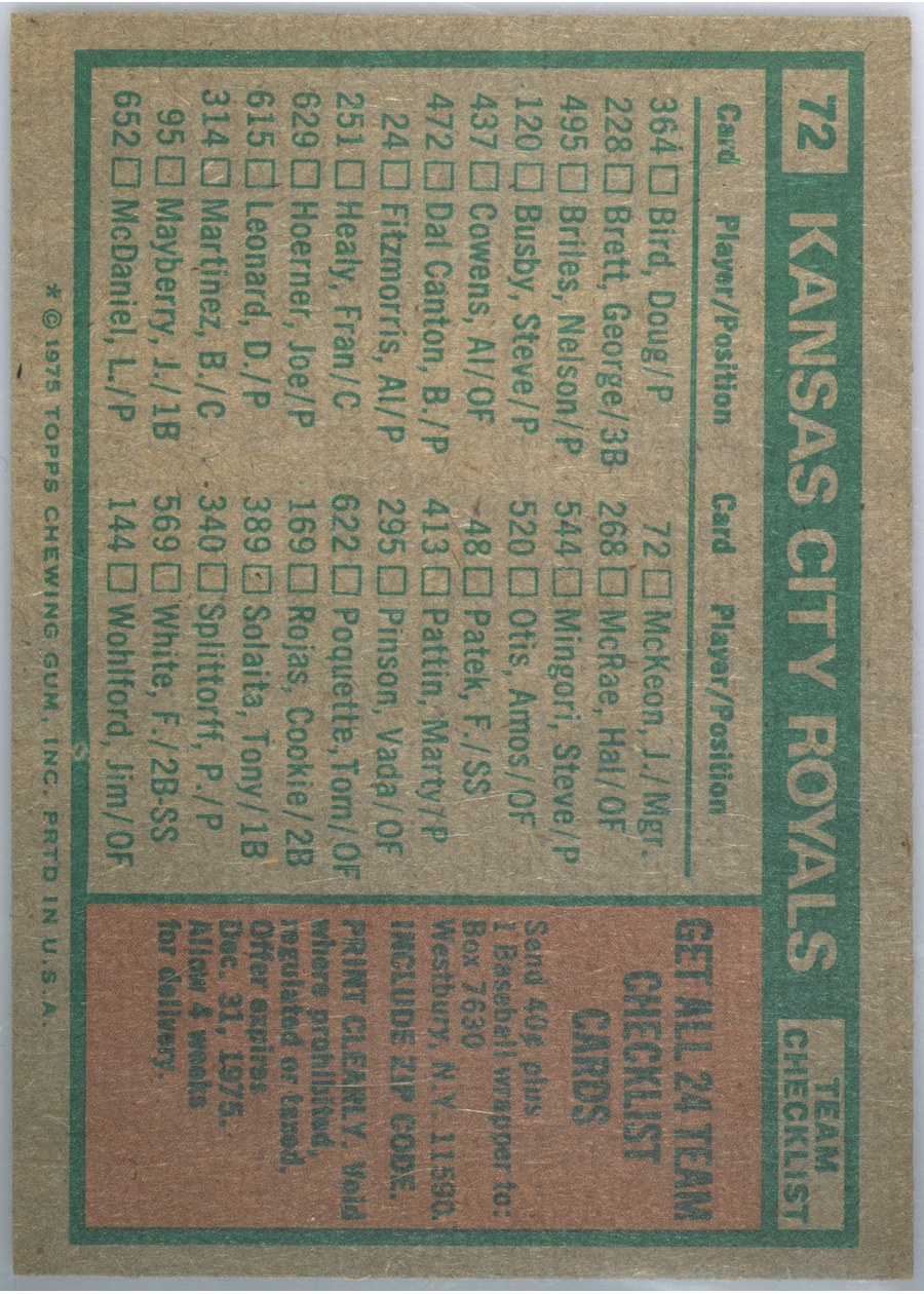 1975 Topps #72 Kansas City Royals card back