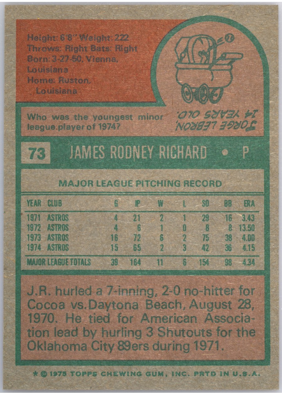 1975 Topps #73 J.R. Richard card back