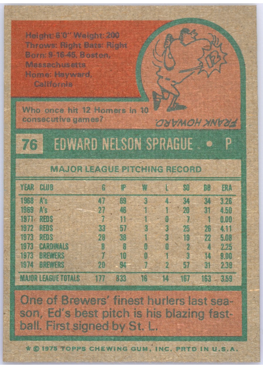 1975 Topps #76 Ed Sprague card back