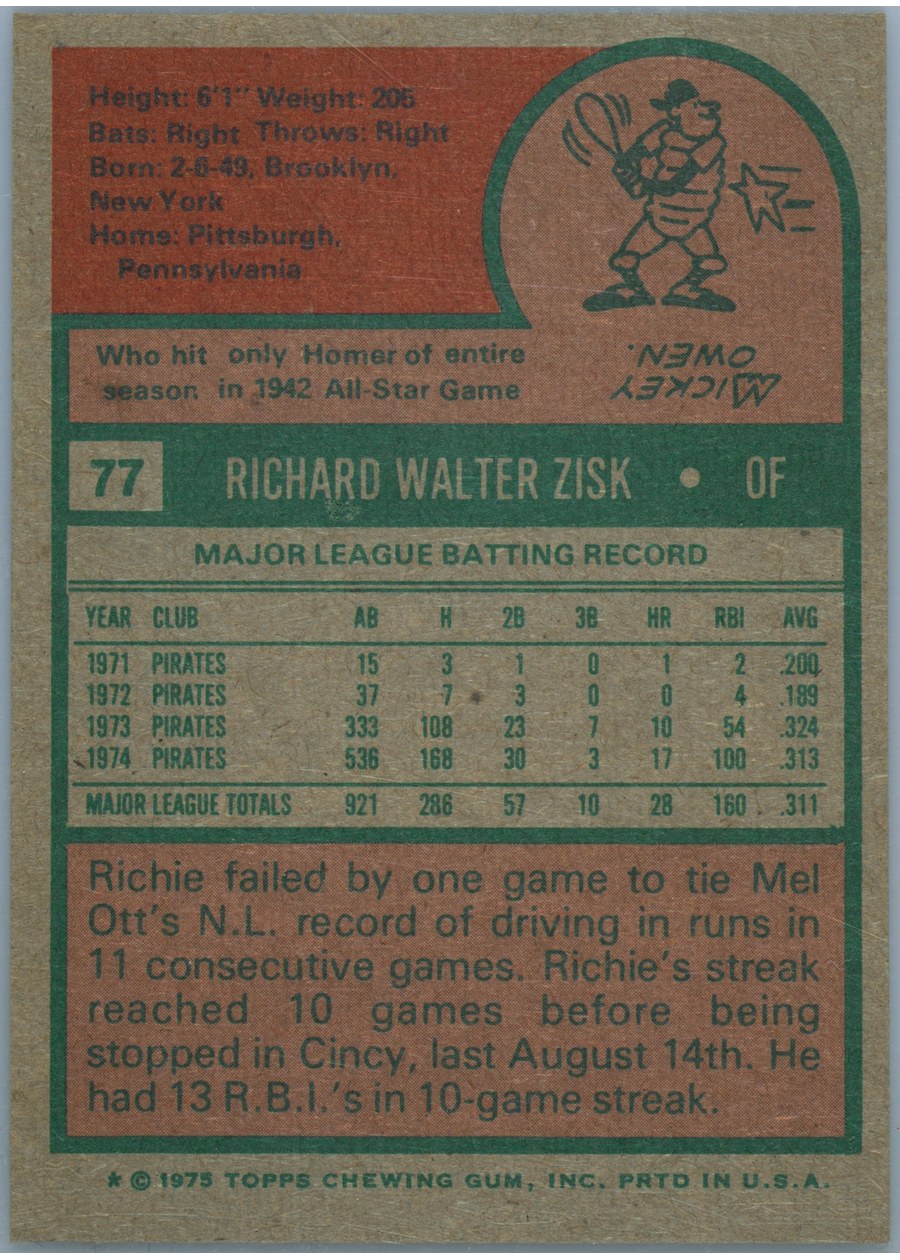 1975 Topps #77 Richie Zisk card back