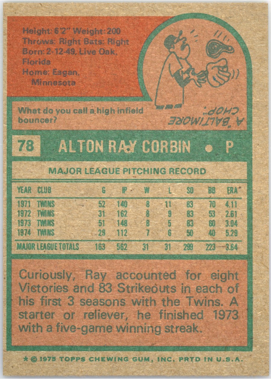 1975 Topps #78 Ray Corbin card back