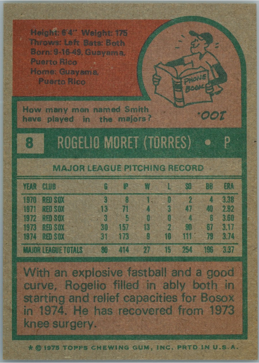 1975 Topps #8 Rogelio Moret card back
