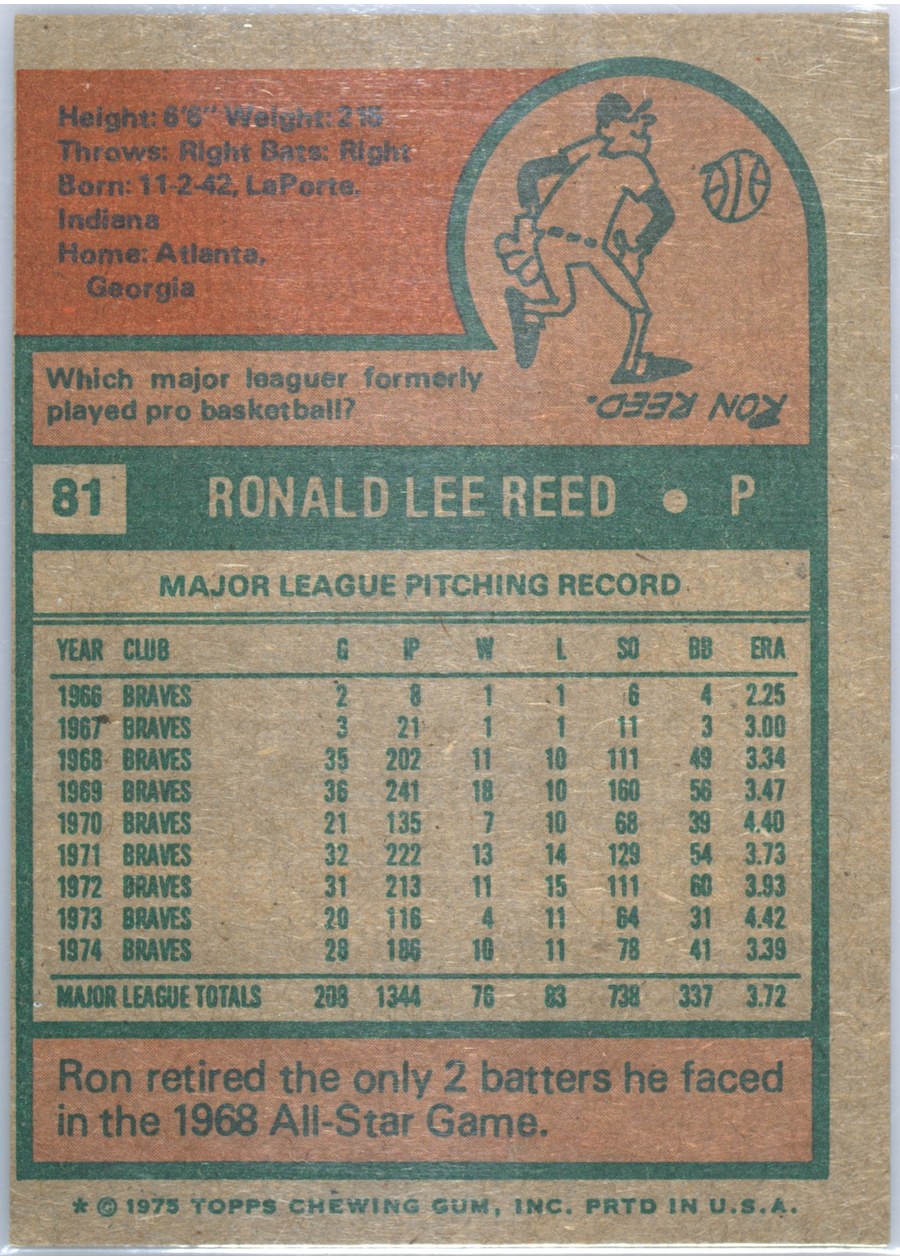 1975 Topps #81 Ron Reed card back