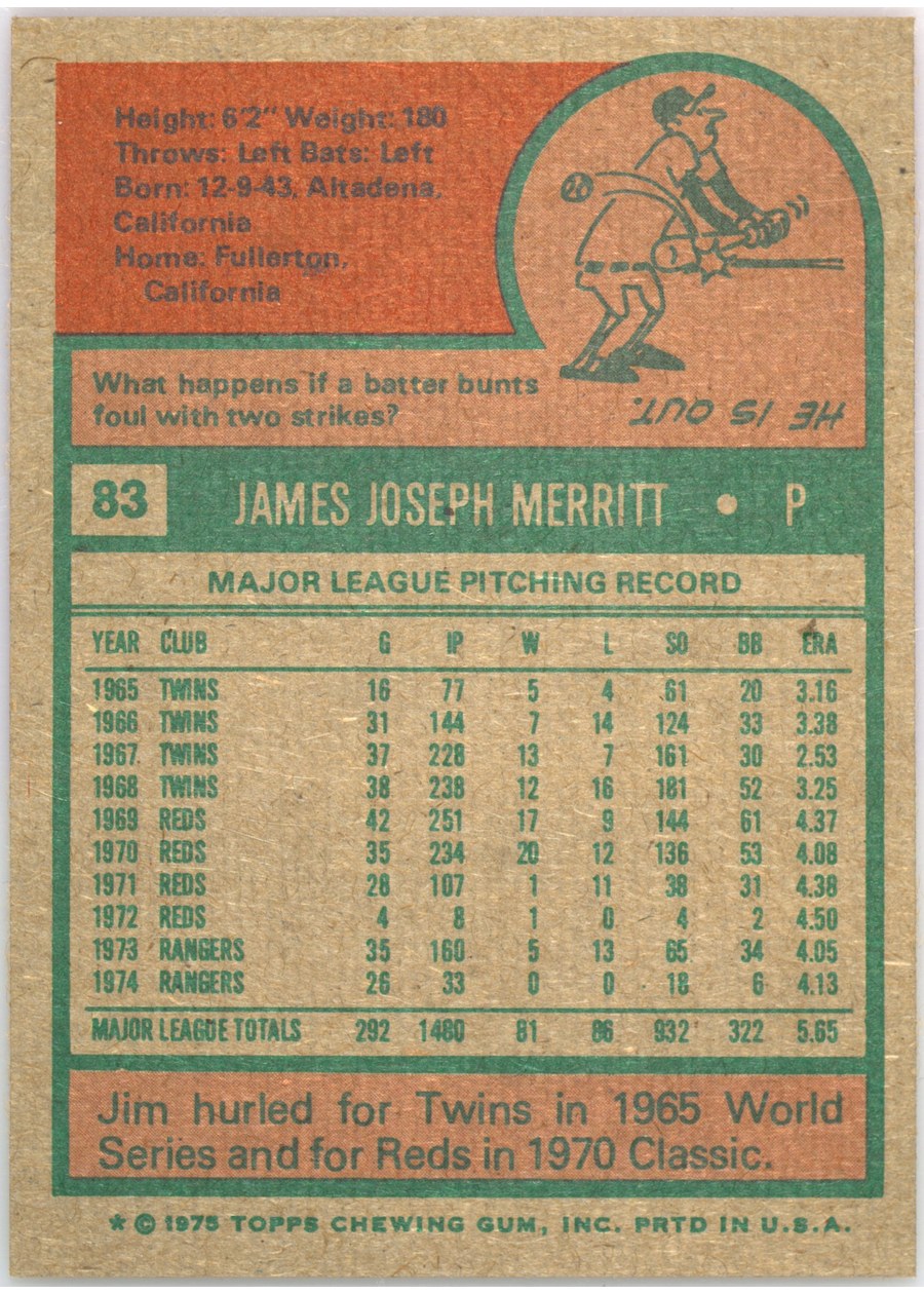 1975 Topps #83 Jim Merritt card back