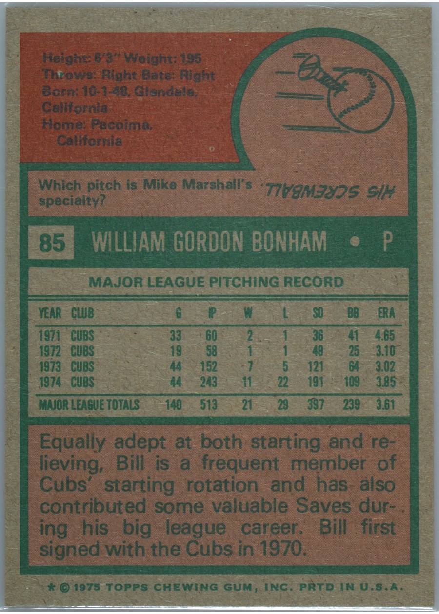 1975 Topps #85 Bill Bonham card back