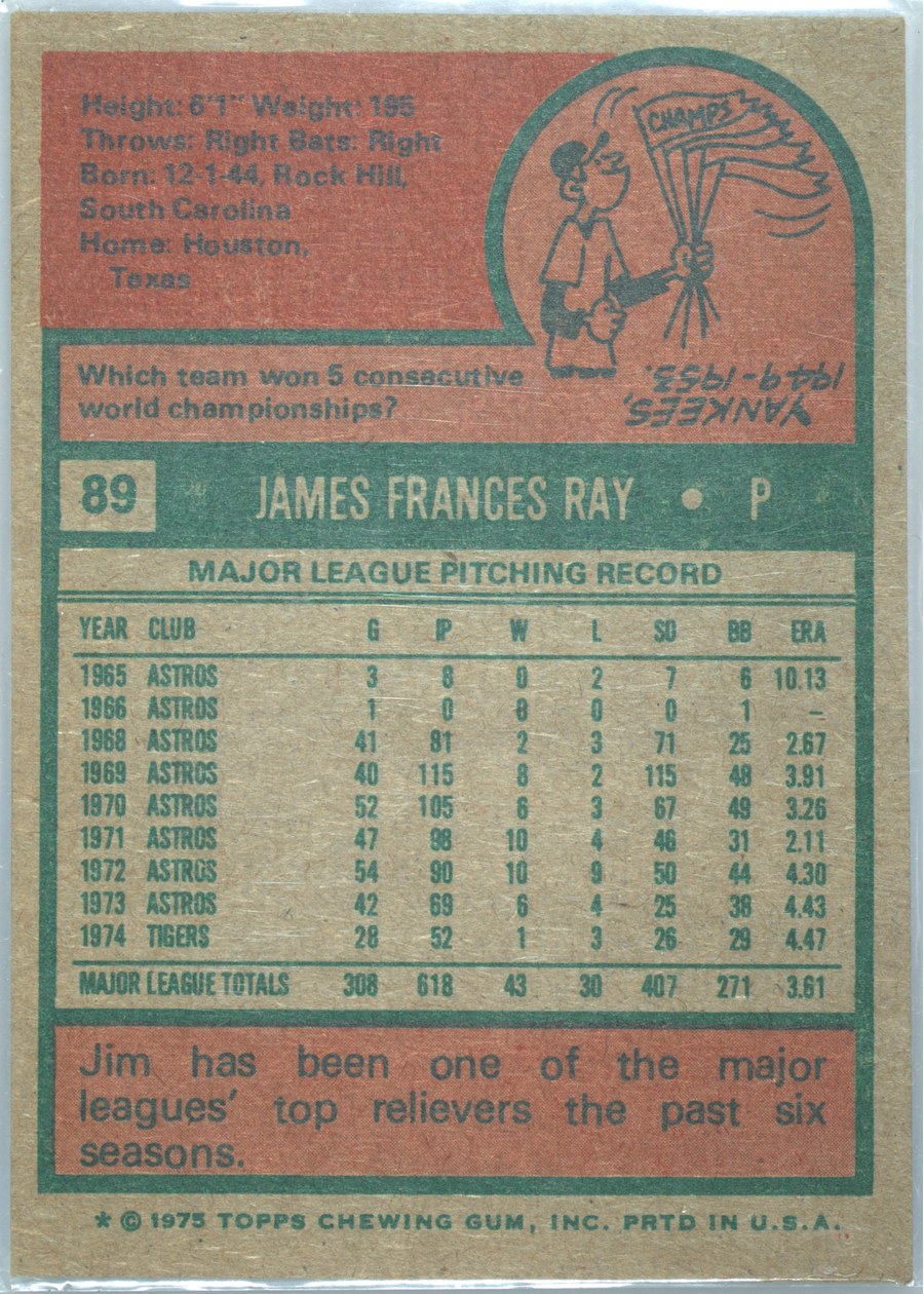 1975 Topps #89 Jim Ray card back