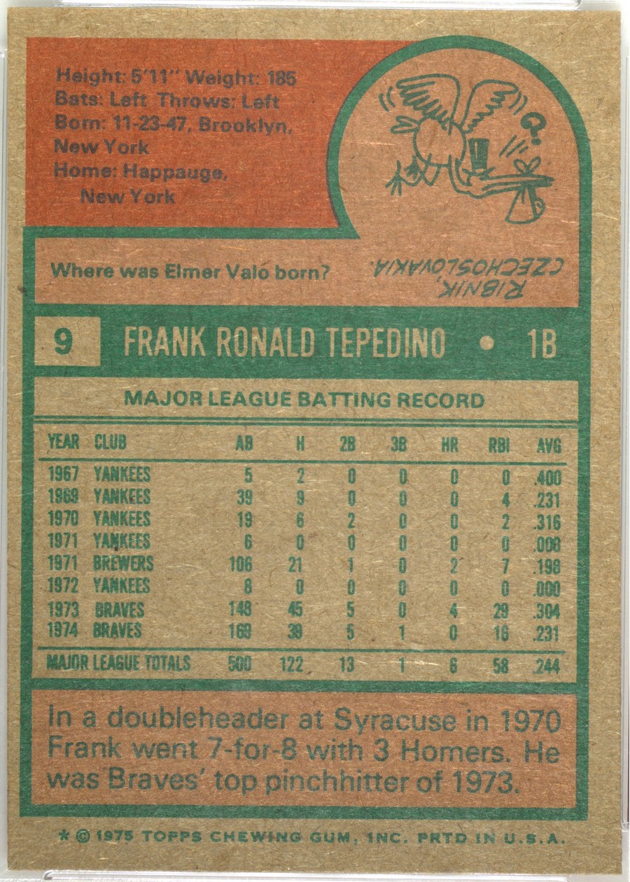 1975 Topps #9 Frank Tepedino card back