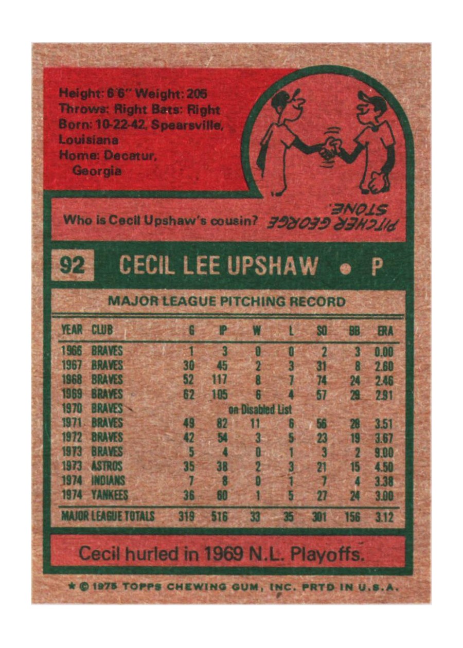 1975 Topps #92 Cecil Upshaw card back