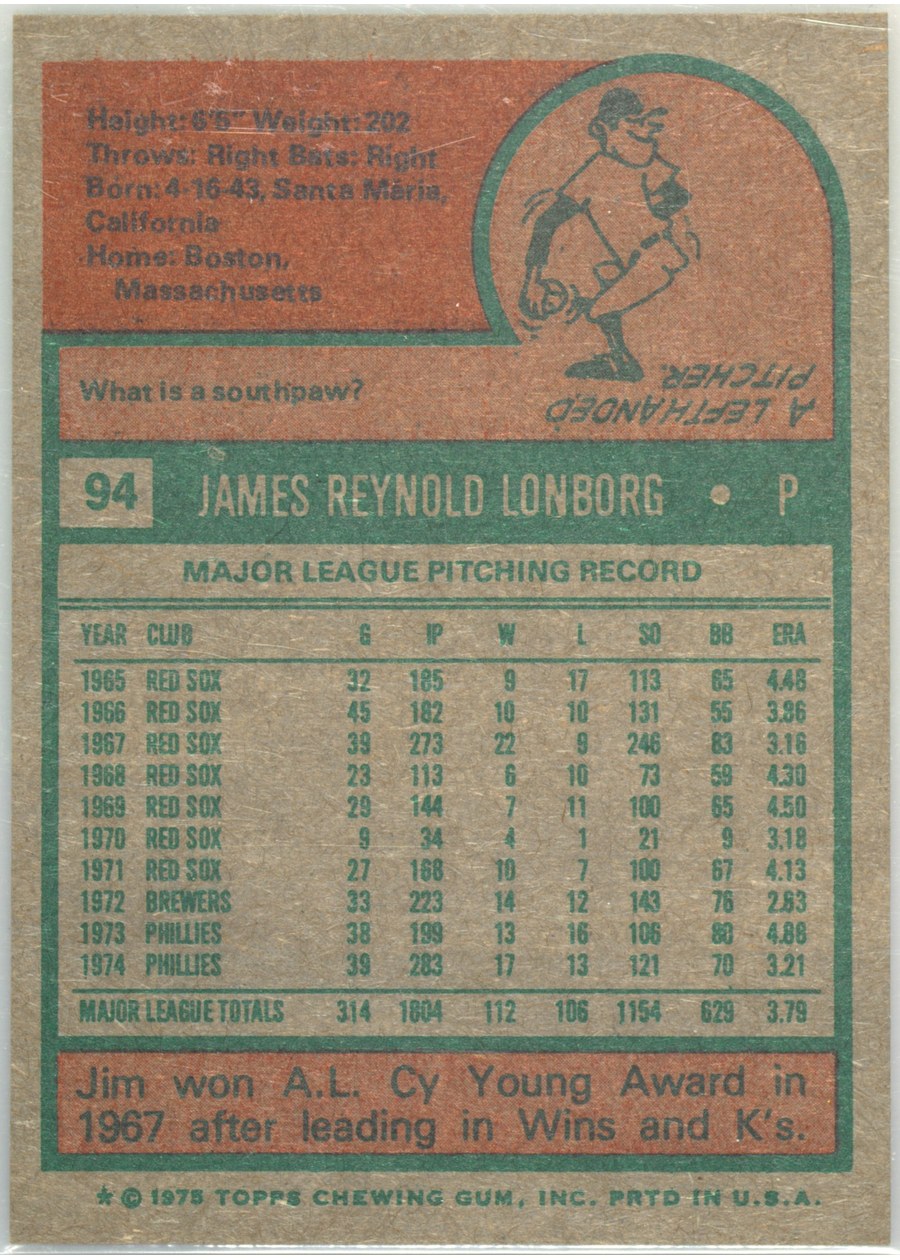 1975 Topps #94 Jim Lonborg card back