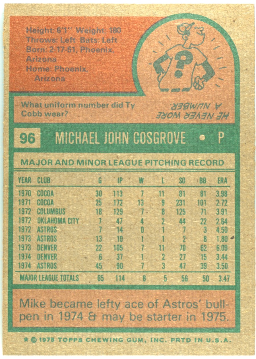 1975 Topps #96 Mike Cosgrove card back