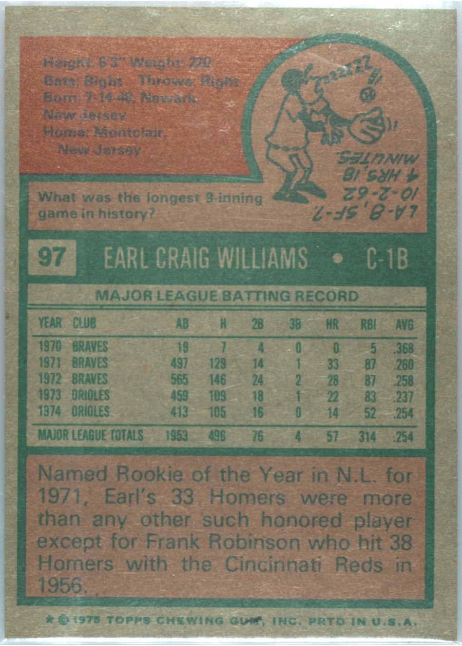 1975 Topps #97 Earl Williams card back