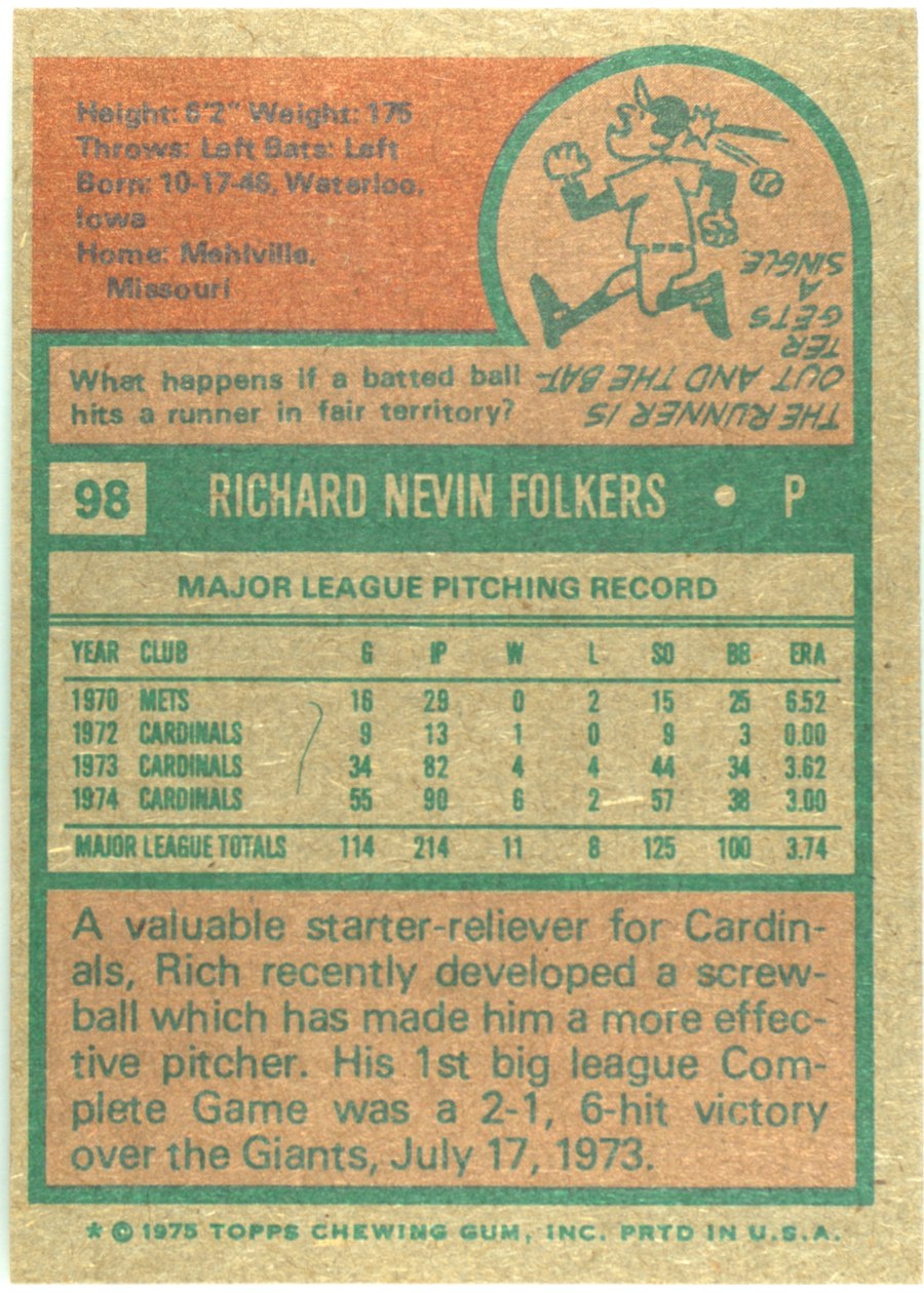 1975 Topps #98 Rich Folkers card back
