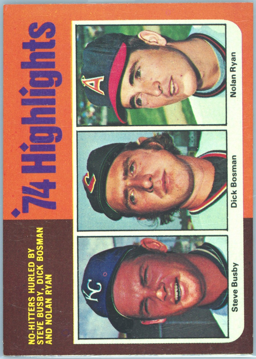 1975 Topps #7 Steve Busby / Dick Bosman / Nolan Ryan, Kansas City Royals