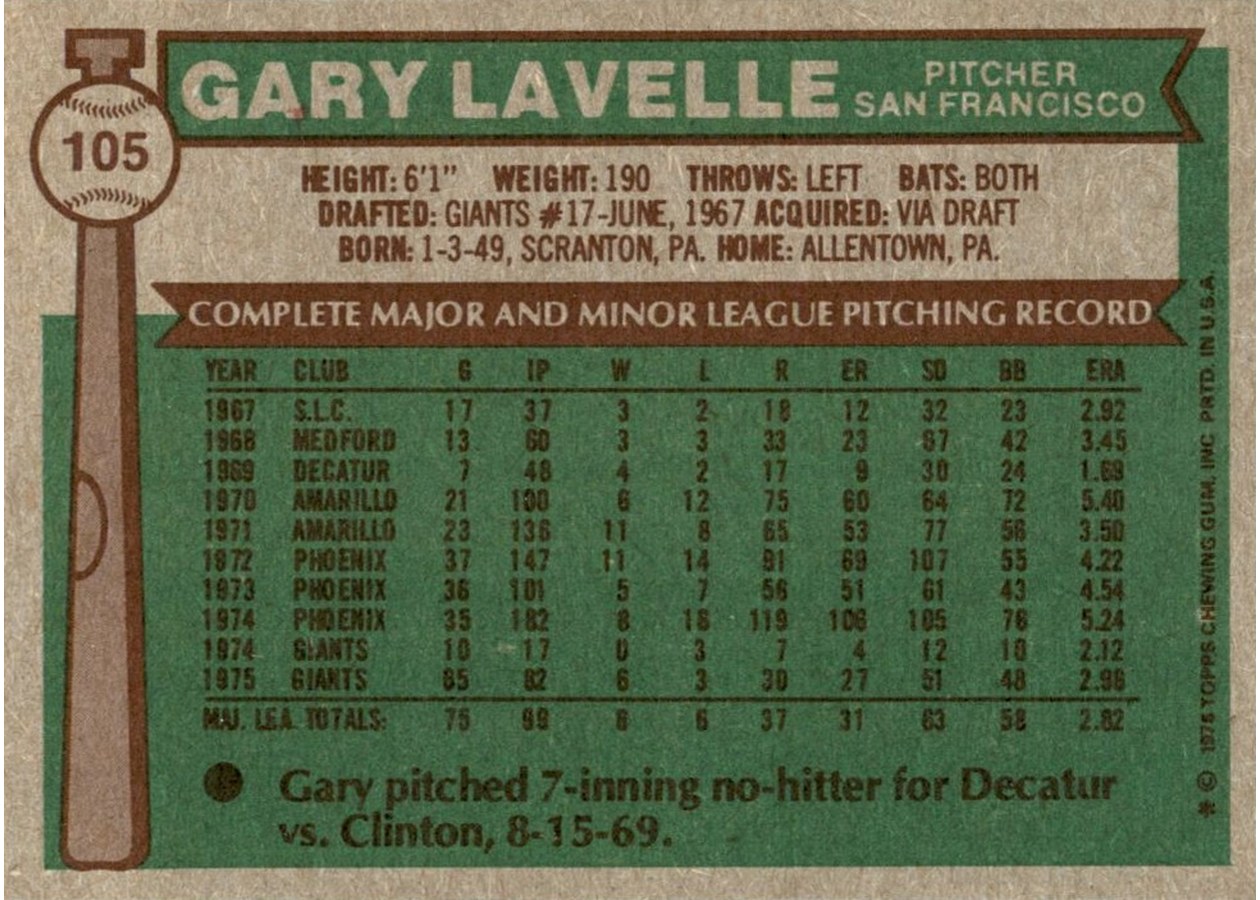 1976 Topps #105 Gary Lavelle card back