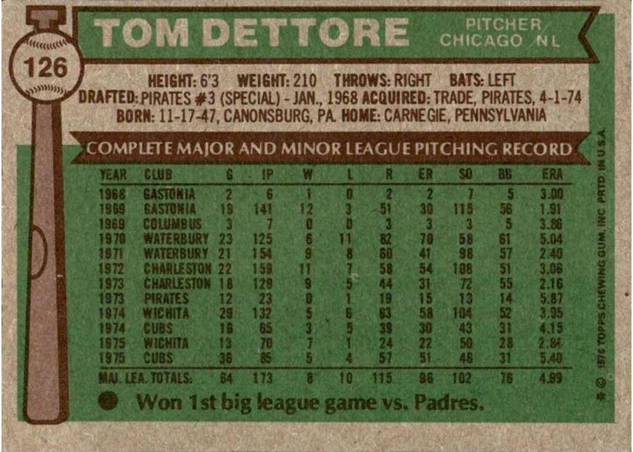1976 Topps #126 Tom Dettore card back