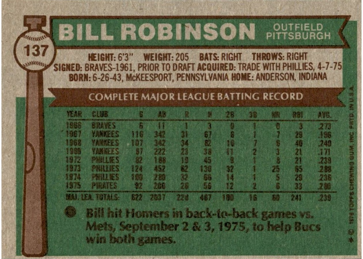 1976 Topps #137 Bill Robinson card back