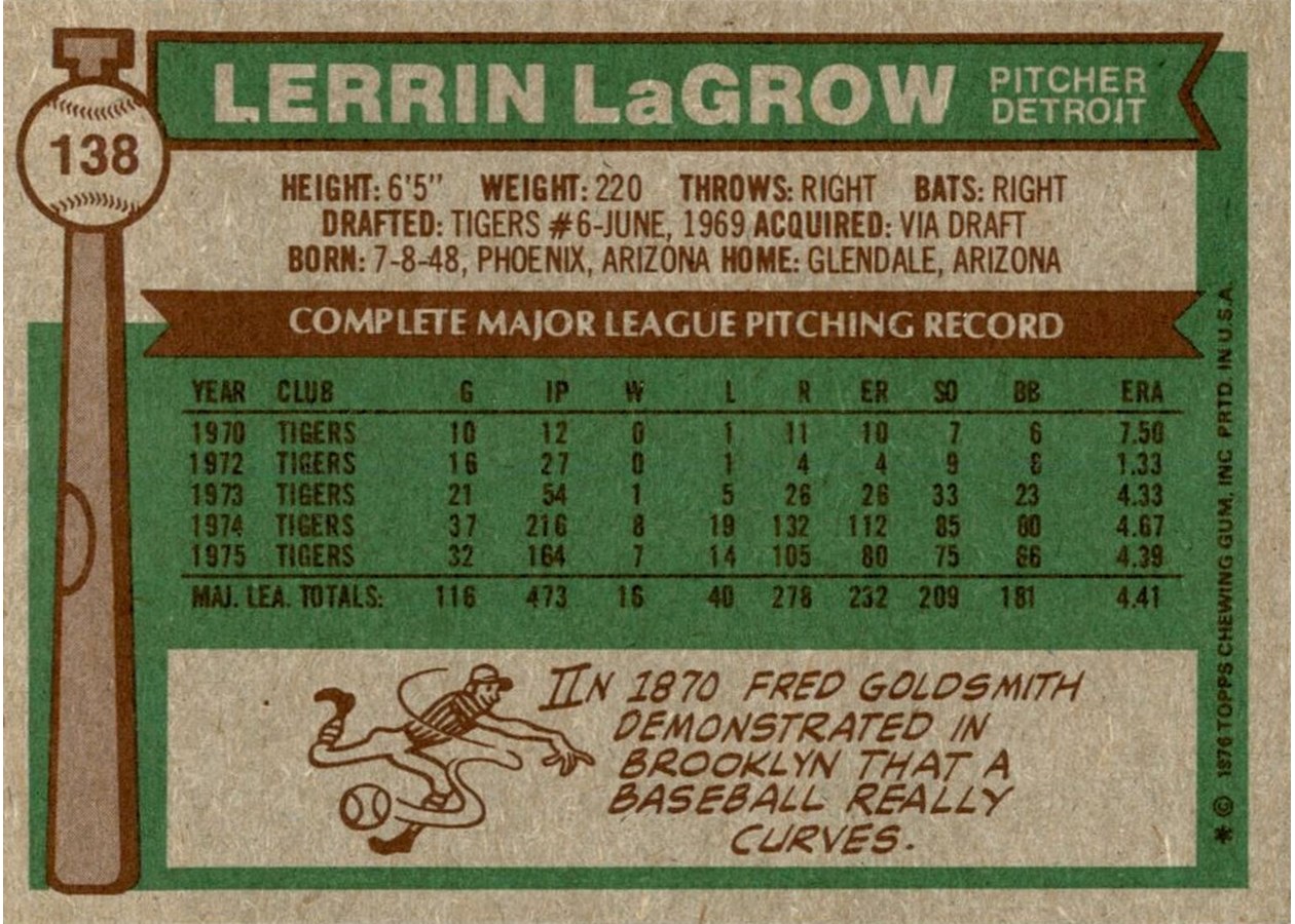 1976 Topps #138 Lerrin LaGrow card back