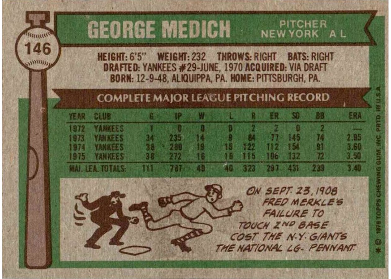 1976 Topps #146 George Medich card back