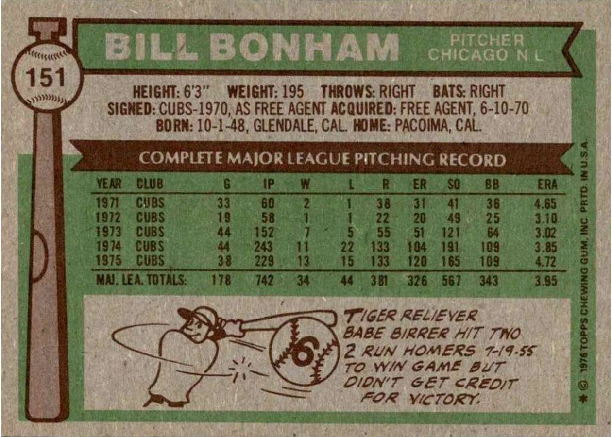 1976 Topps #151 Bill Bonham card back