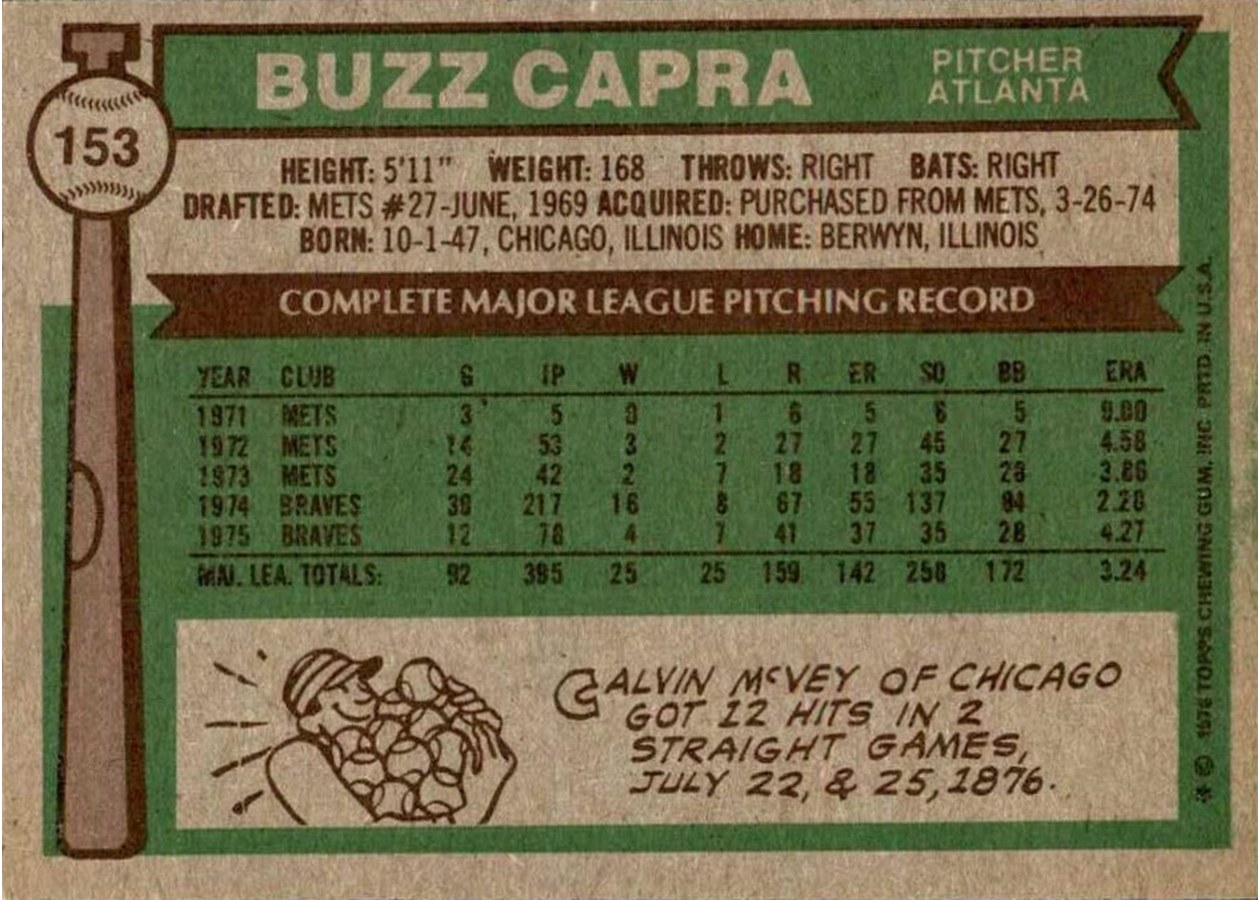 Buzz Capra #153 - 1976 Topps Baseball Card