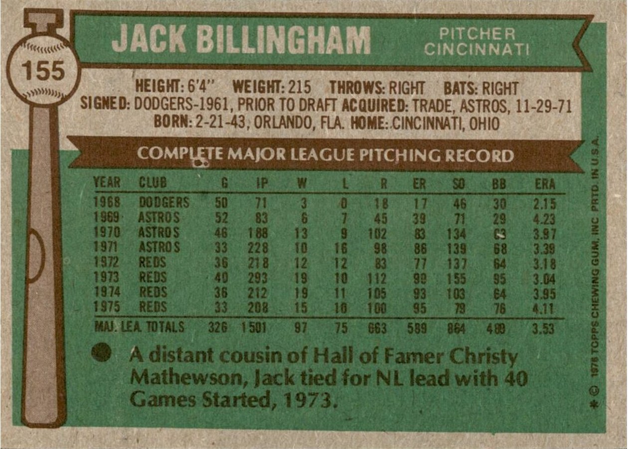 1976 Topps #155 Jack Billingham card back