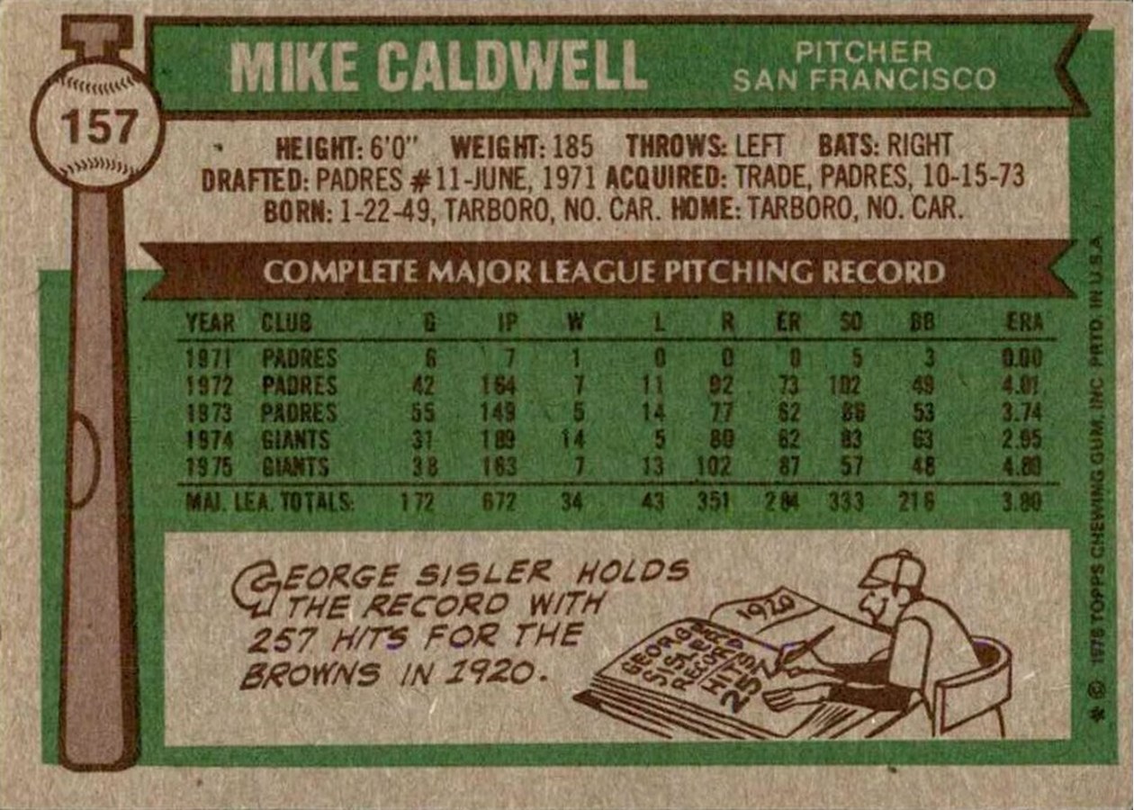 1976 Topps #157 Mike Caldwell card back