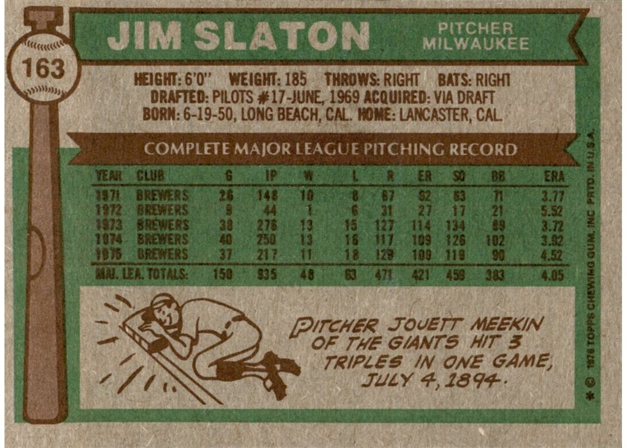 1976 Topps #163 Jim Slaton card back