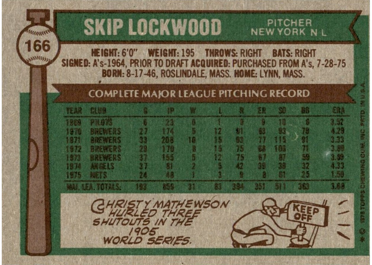 1976 Topps #166 Skip Lockwood card back