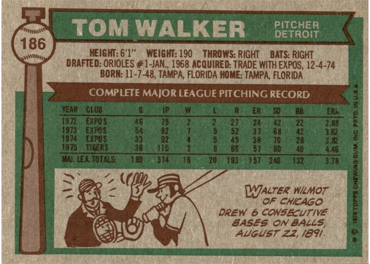 1976 Topps #186 Tom Walker card back