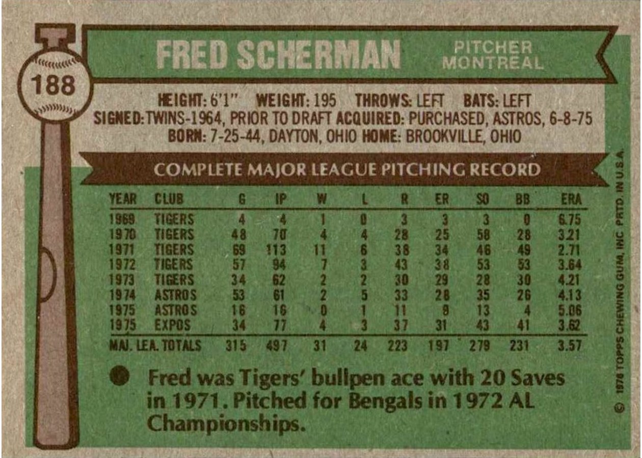 1976 Topps #188 Fred Scherman card back