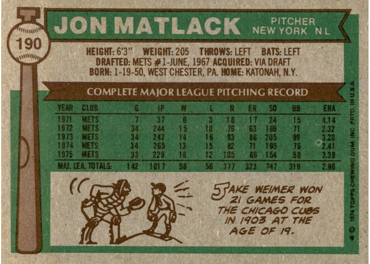 1976 Topps #190 Jon Matlack card back