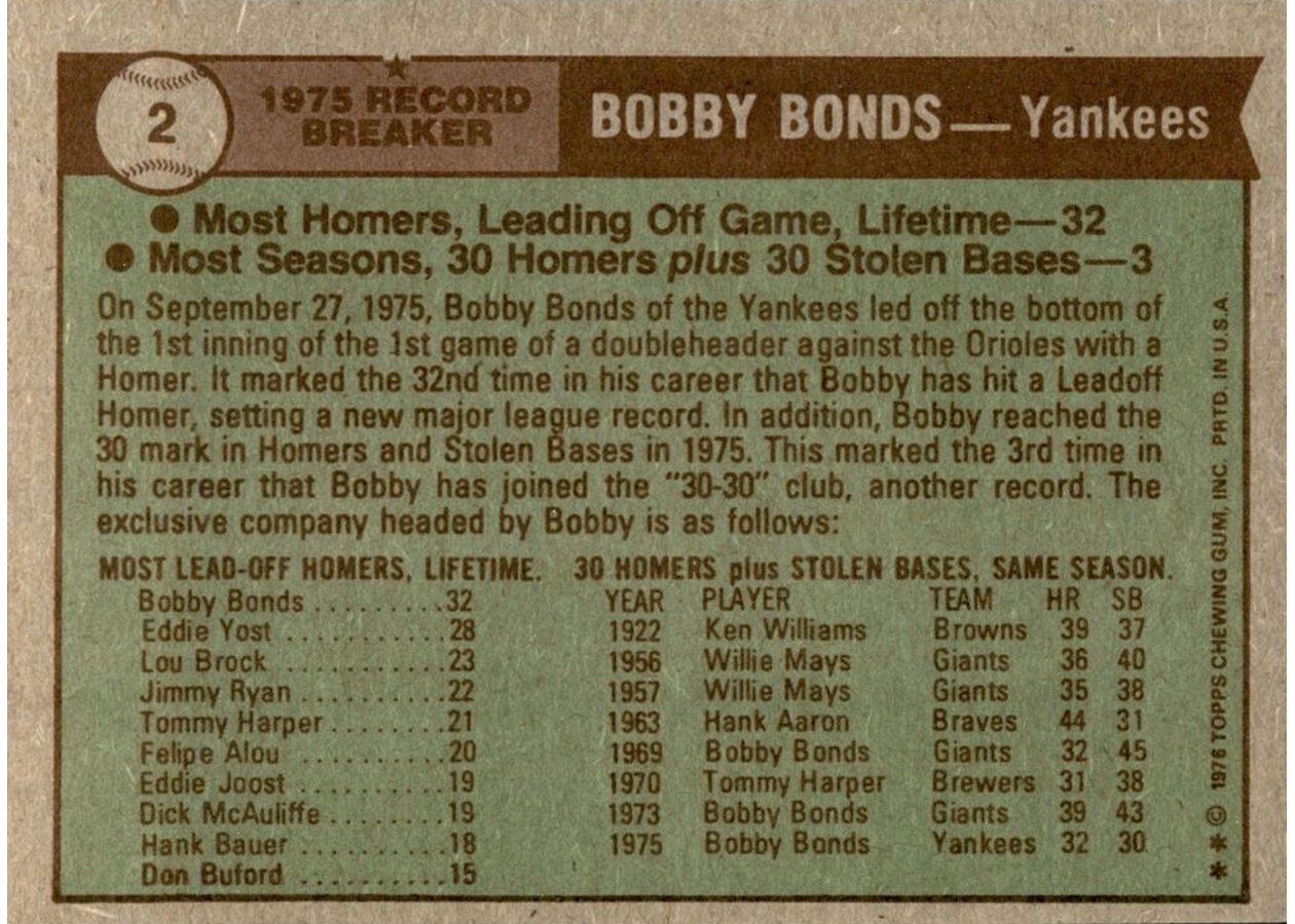 1976 Topps #2 Bobby Bonds card back