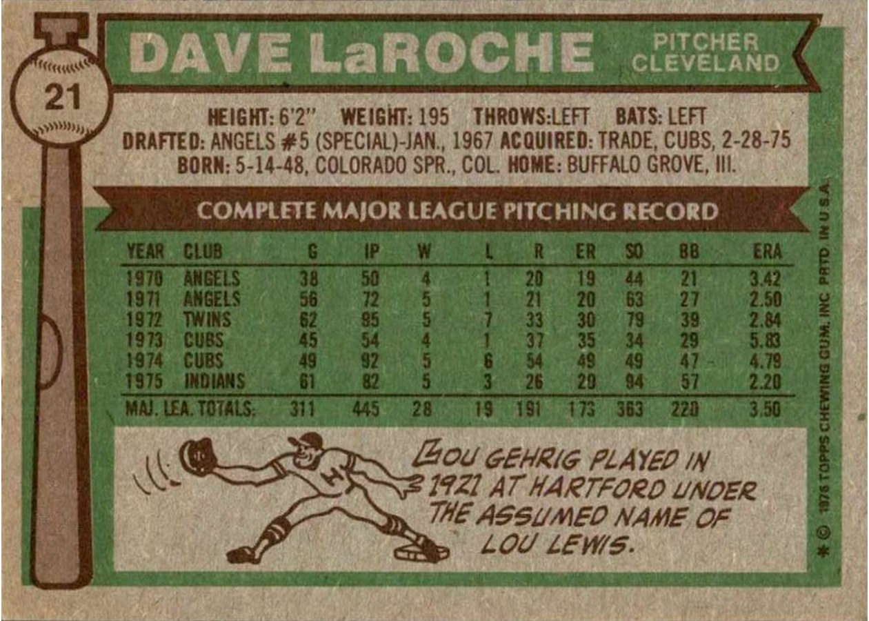 1976 Topps #21 Dave LaRoche card back