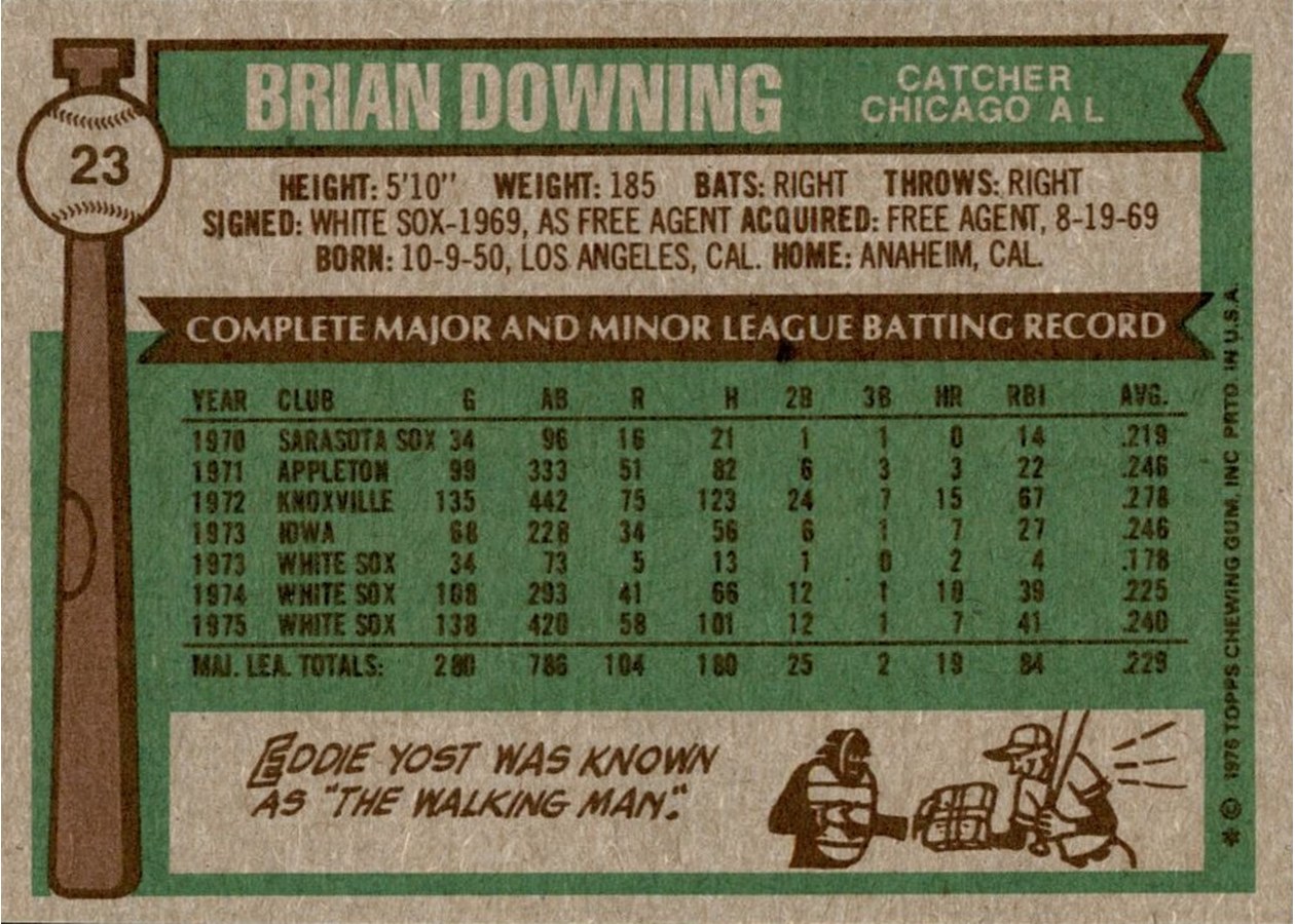 1976 Topps #23 Brian Downing card back