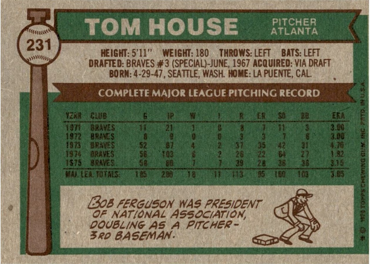 1976 Topps #231 Tom House card back