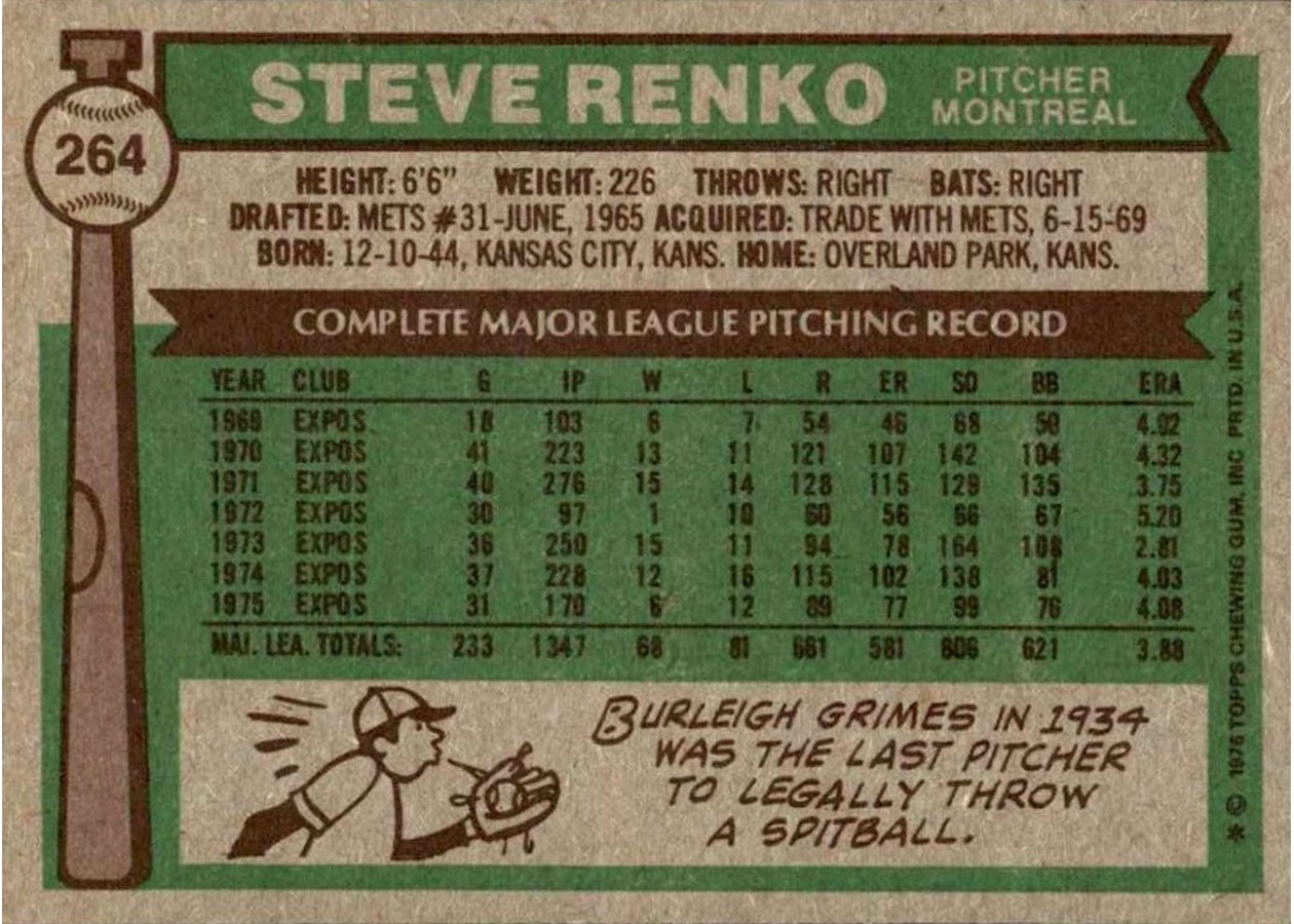 1976 Topps #264 Steve Renko card back