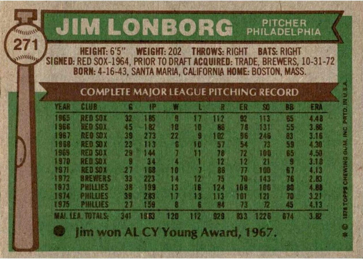 1976 Topps #271 Jim Lonborg card back