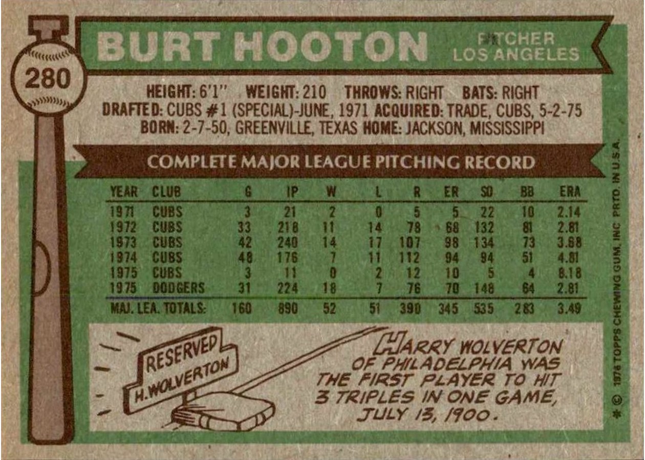 1976 Topps #280 Burt Hooton card back