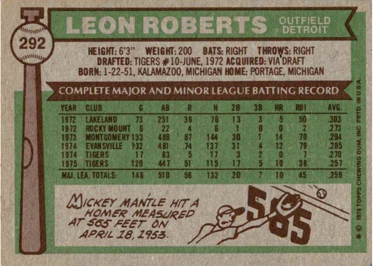 1976 Topps #292 Leon Roberts card back