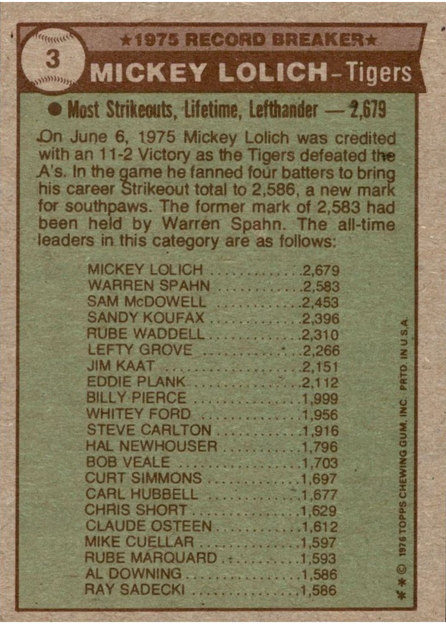 1976 Topps #3 Mickey Lolich card back
